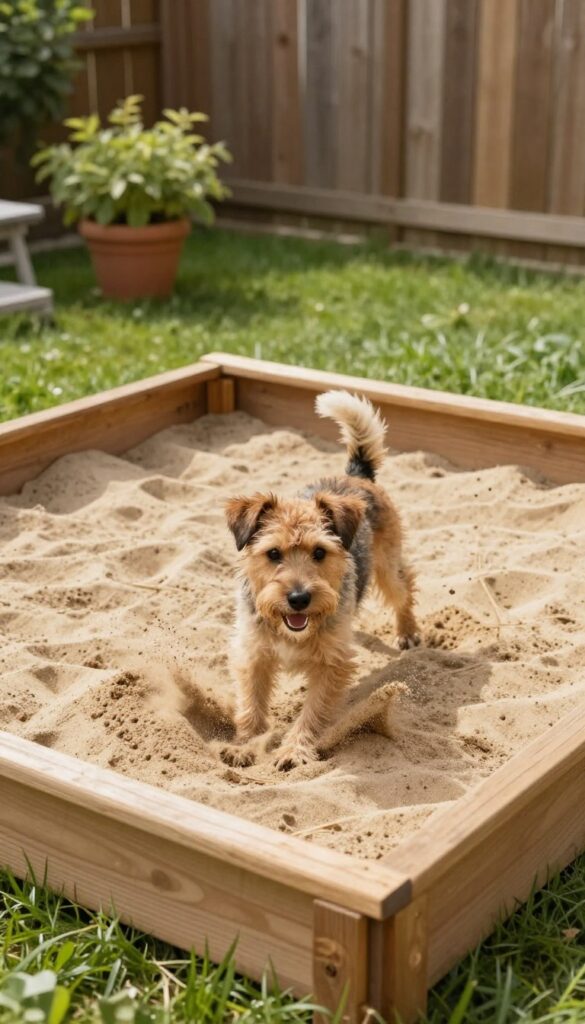 A dog digging in a wooden sandbox pit in a sunny backyard