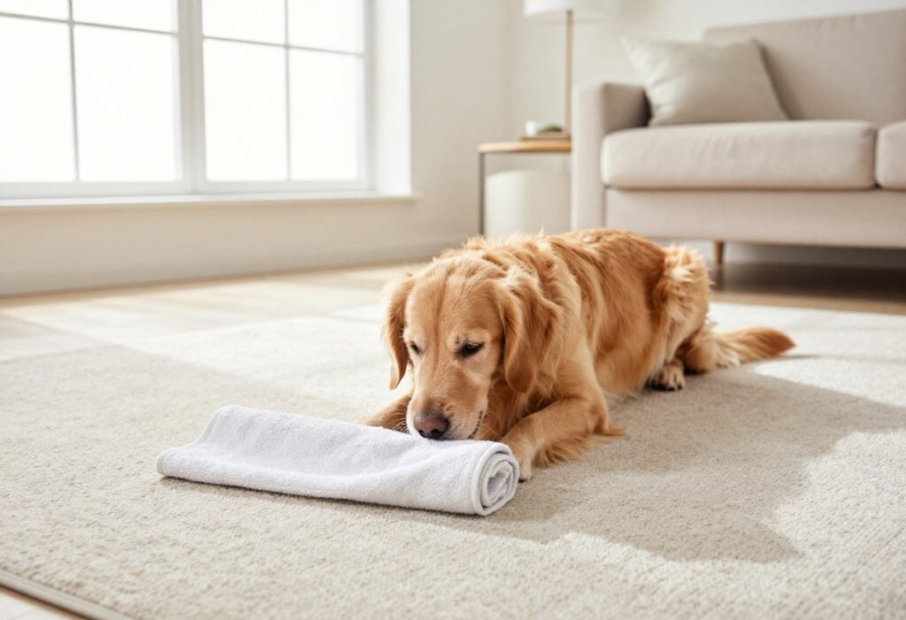 Golden retriever sniffing a rolled towel for enrichment game
