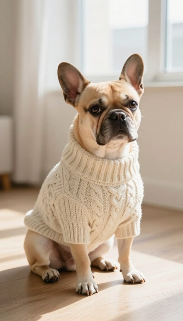 Small dog wearing a cream cable knit sweater, sitting on a wooden floor in natural light, cozy and stylish.