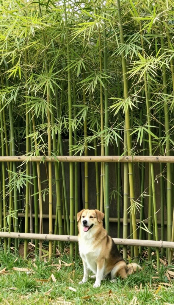 Dog sitting in backyard near bamboo fence, natural lighting