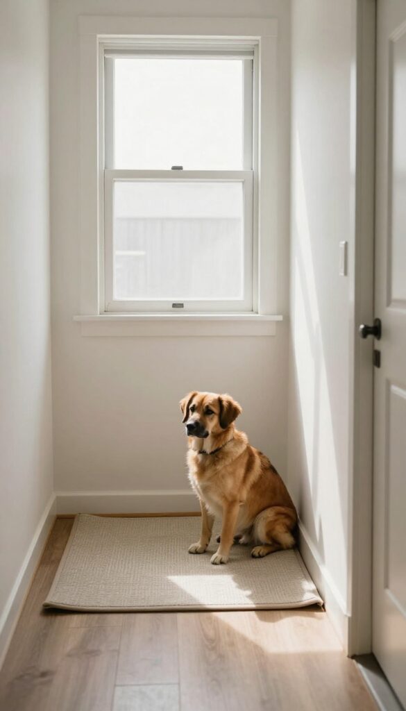 A calm, clutter-free hallway nook with a dog sitting on a mat, ideal for focused training sessions.