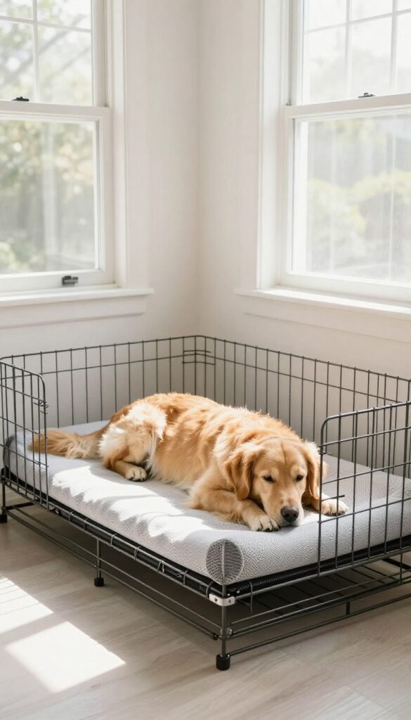 Dog lying on a raised cot-style bed inside a wire crate in a bright bedroom