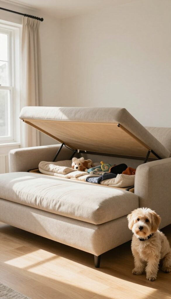 A beige upholstered ottoman with its lid open, showing a cozy dog crate inside with a small dog peeking out, surrounded by hidden storage for pet supplies in a bright living room.