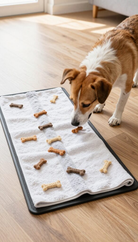 A dog sniffing treats hidden in a homemade snuffle mat made from towel strips on a rubber mat.