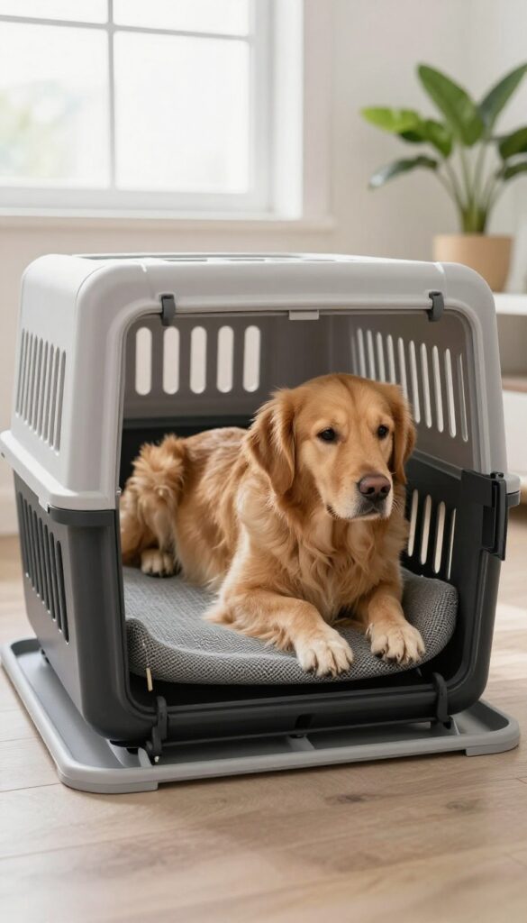 Dog crate with raised mesh bed for better airflow, golden retriever resting comfortably inside, bright natural light, clean home setting