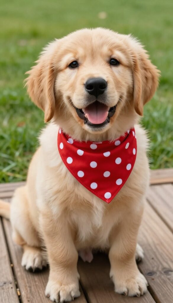 Golden retriever puppy wearing a red and white polka dot bandana with Velcro closure, sitting on a sunny wooden porch.