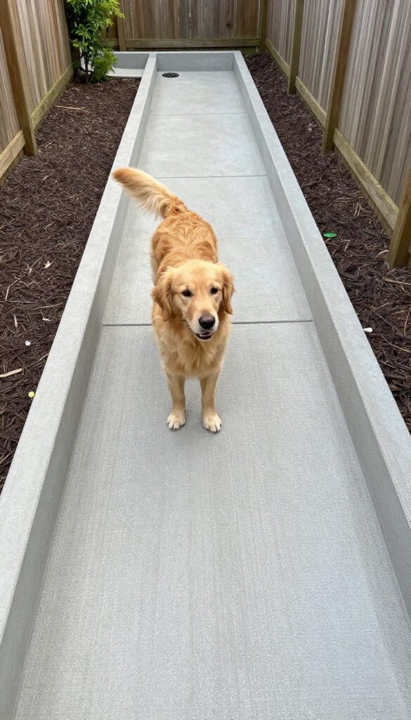 Narrow dog run with poured concrete pad, slight slope, and broom finish, with a golden retriever standing on it.