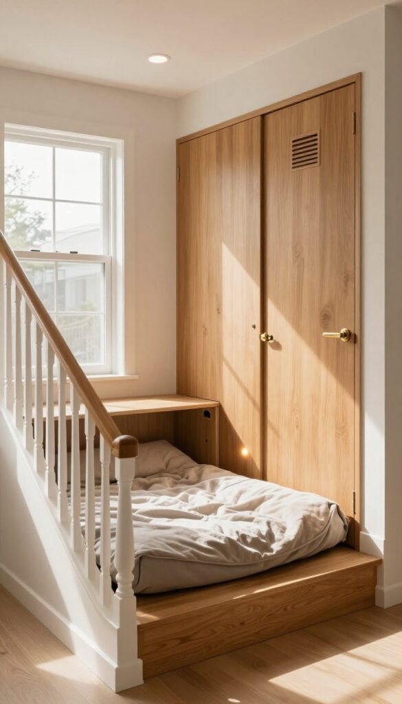 Built-in dog crate under the stairs with wooden door, ventilation panel, and cozy interior bed.