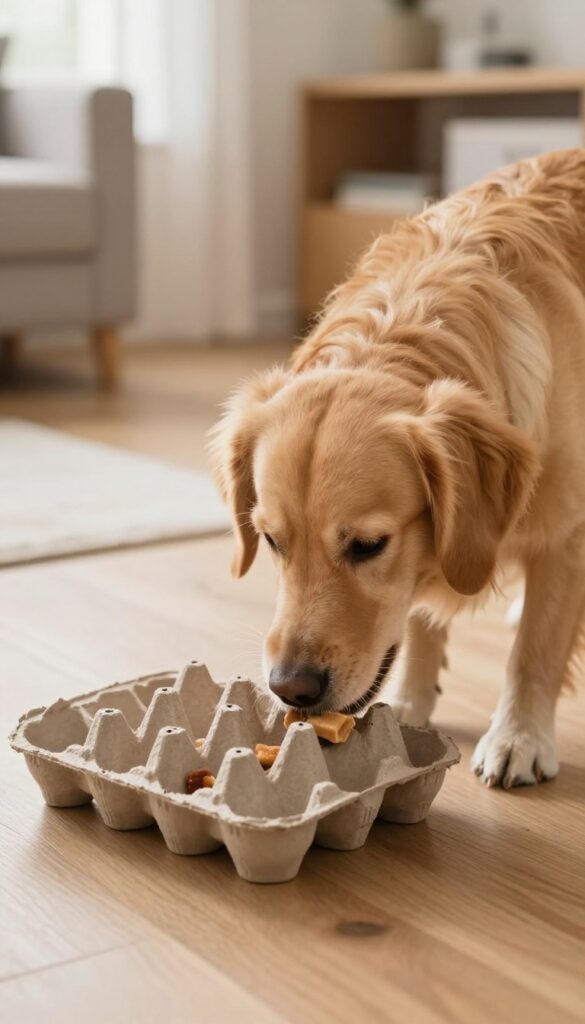 Golden retriever sniffing an egg carton with treats inside on a wooden floor