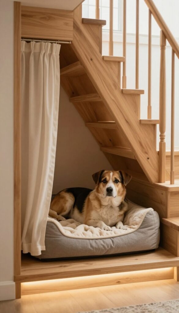 Cozy under-stairs dog den with soft bed and warm lighting