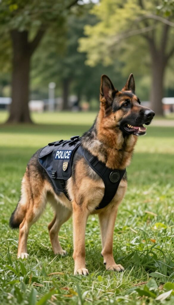 German Shepherd wearing a police-style vest in a sunny park