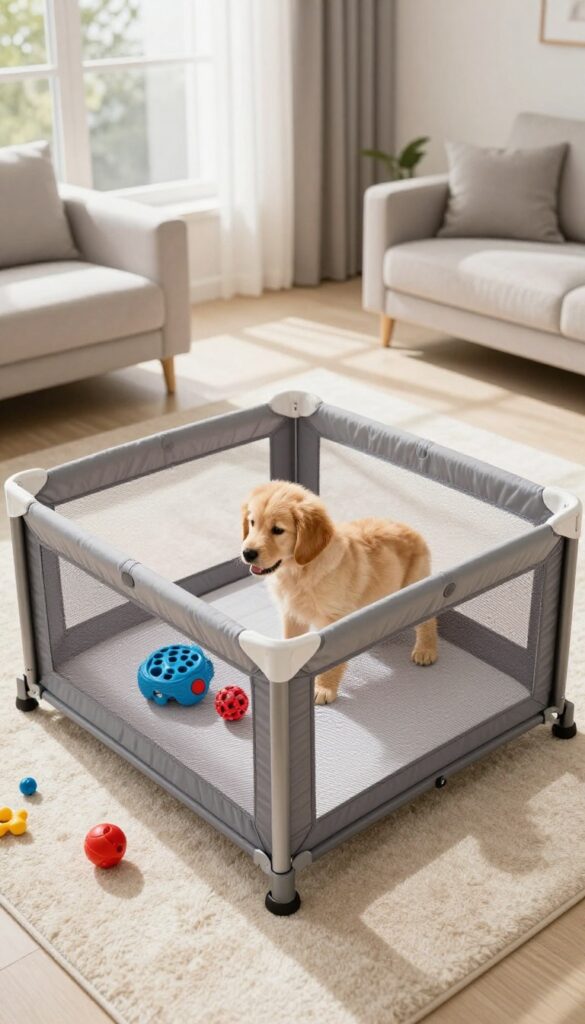 A puppy-proofed playpen with interactive toys in a bright living room