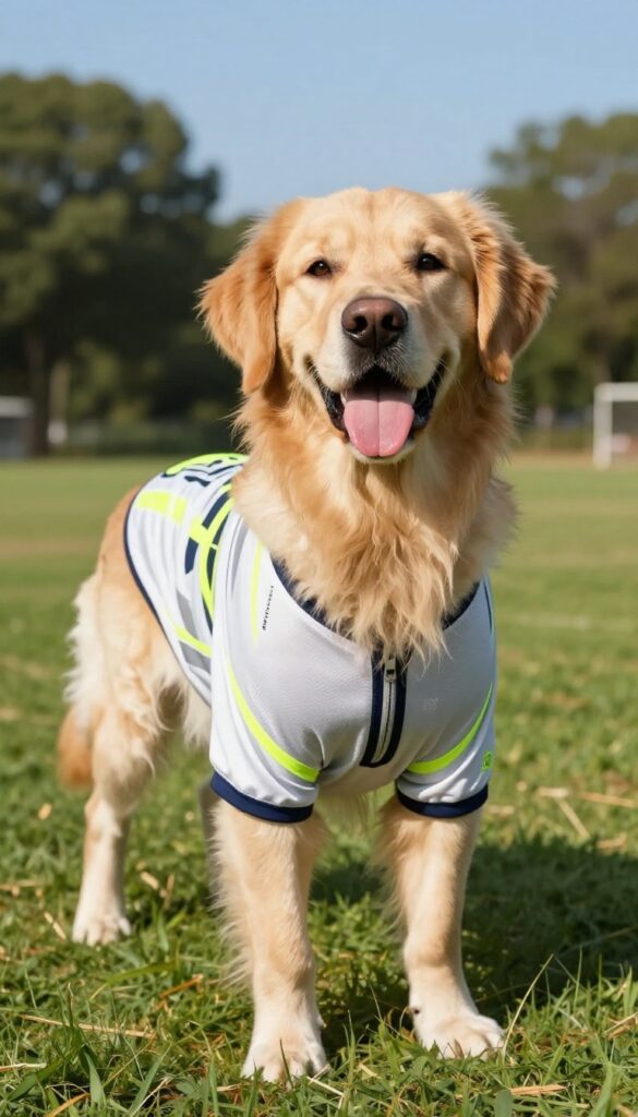 Golden Retriever wearing a sporty athletic jersey in a grassy field, looking happy and energetic.