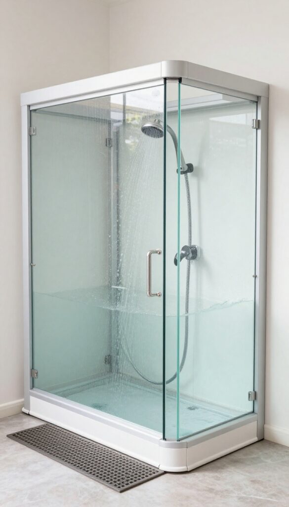Corner dog wash station with glass screen and teak mat in bright garage