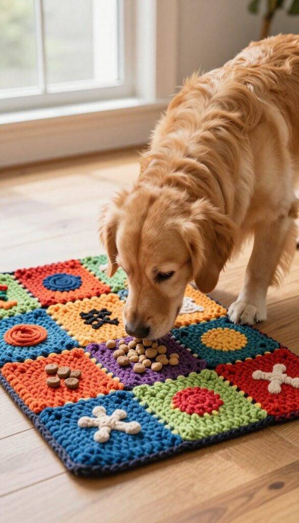 Dog sniffing a colorful crochet snuffle mat with kibble hidden in the yarn loops.