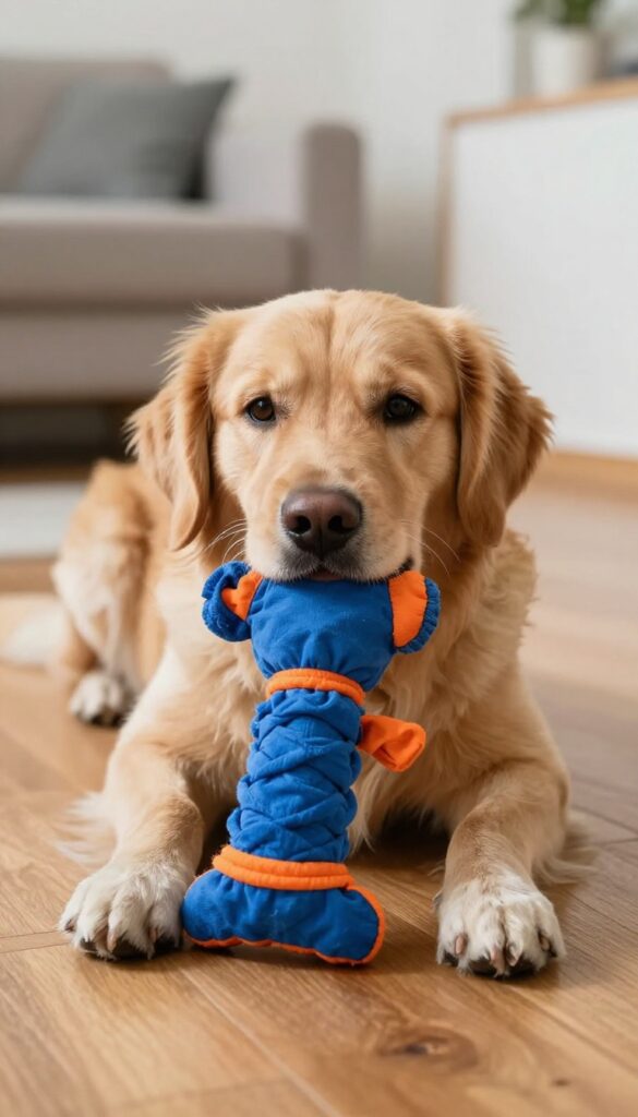A dog holding a braided t-shirt toy on a wooden floor