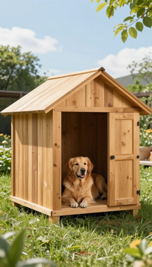 Cedar wood A-frame dog kennel with a Golden Retriever resting inside, shaded by the steep roof, in a sunny backyard.