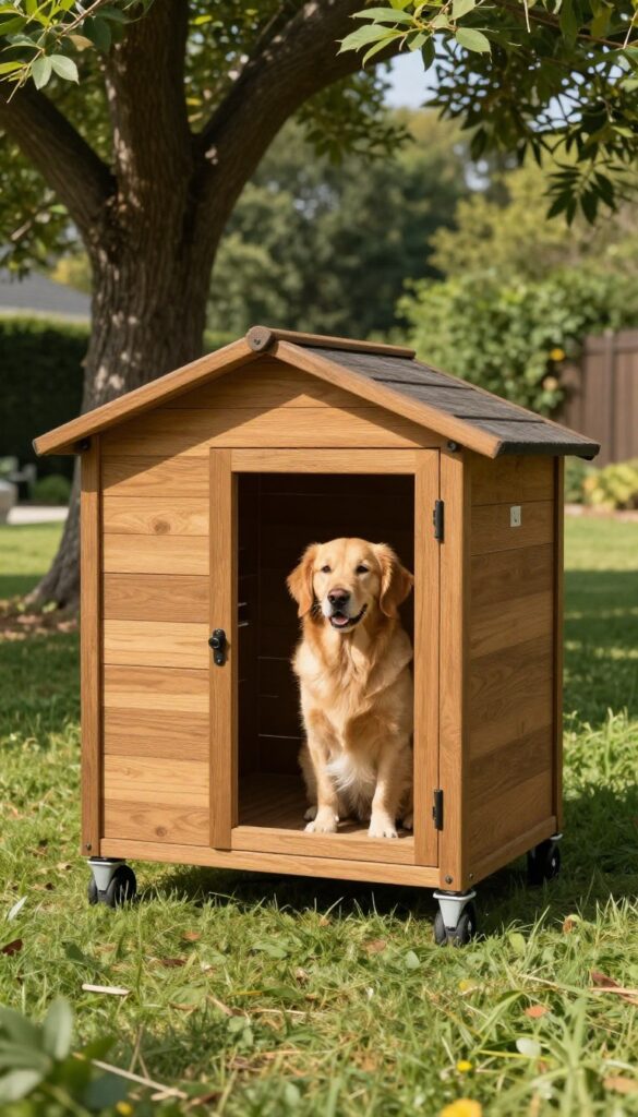 Portable dog kennel shed on wheels in a backyard with a golden retriever sitting inside.
