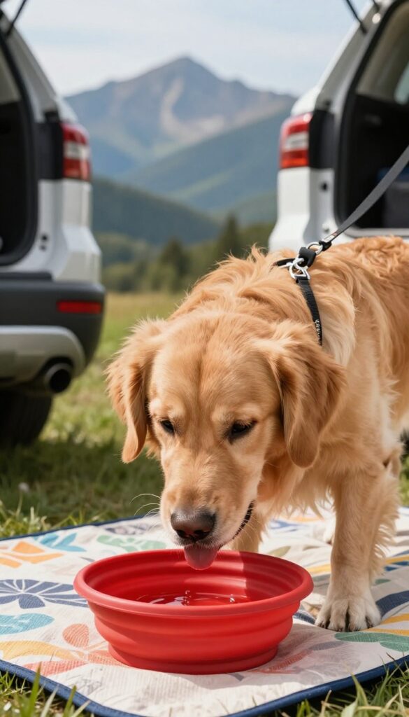 Dog drinking water from a collapsible travel bowl at a scenic overlook