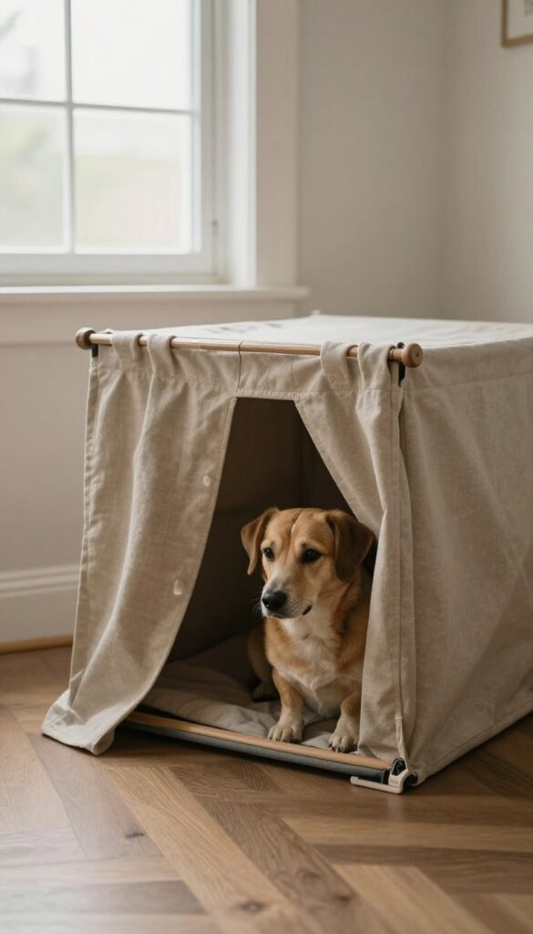 Cozy under-stairs dog kennel with curtain door, soft fabric, tension rod, dog peeking out, bright natural light, photorealistic interior