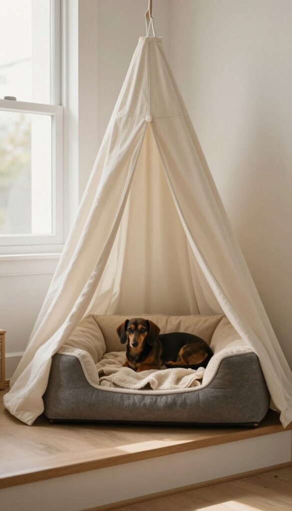 Cozy under-stairs dog den with a small dog resting on a soft bed