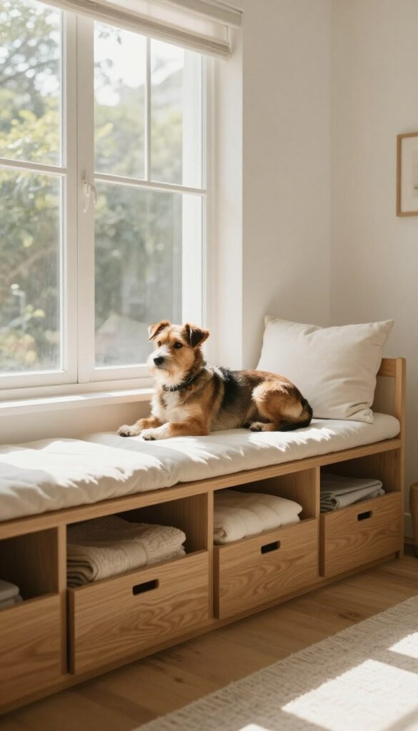 Cozy window perch with built-in storage bench and dog looking outside