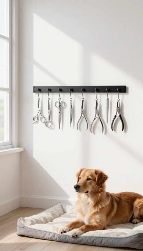 Magnetic strip on wall holding metal grooming tools in a dog kennel room