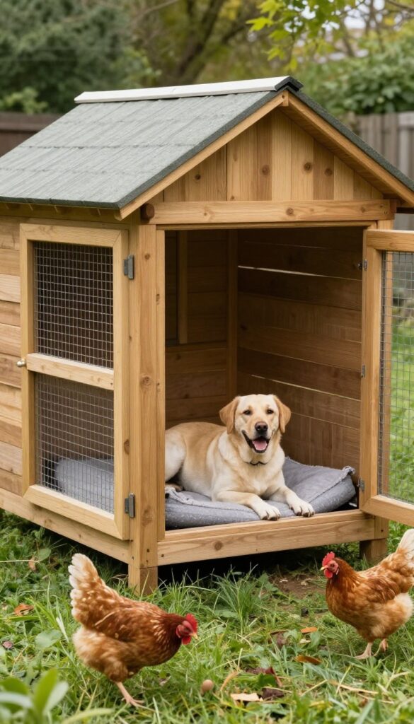 Dog in lean-to kennel attached to chicken coop