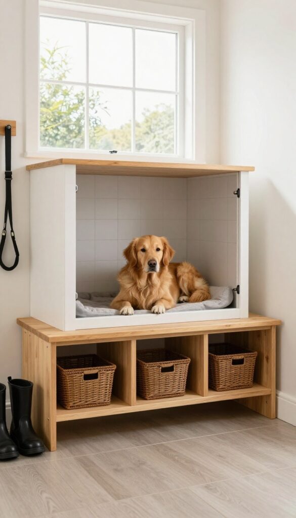 Built-in mudroom dog kennel with bench and storage, dog resting inside, bright natural light