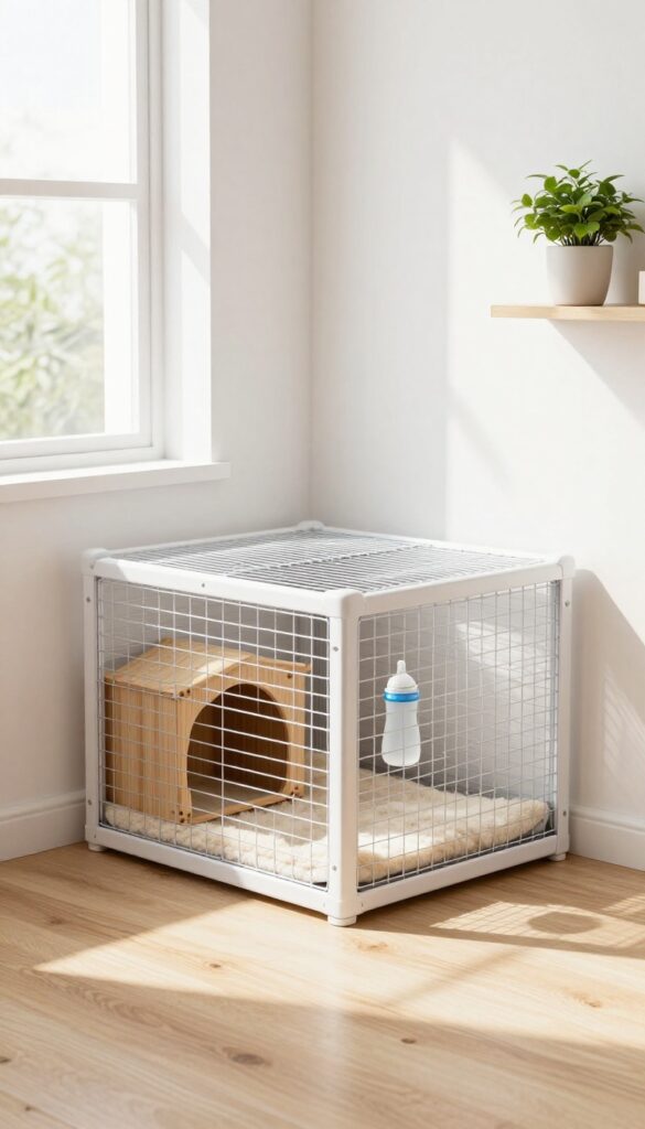Triangular corner guinea pig cage in a bright small living room
