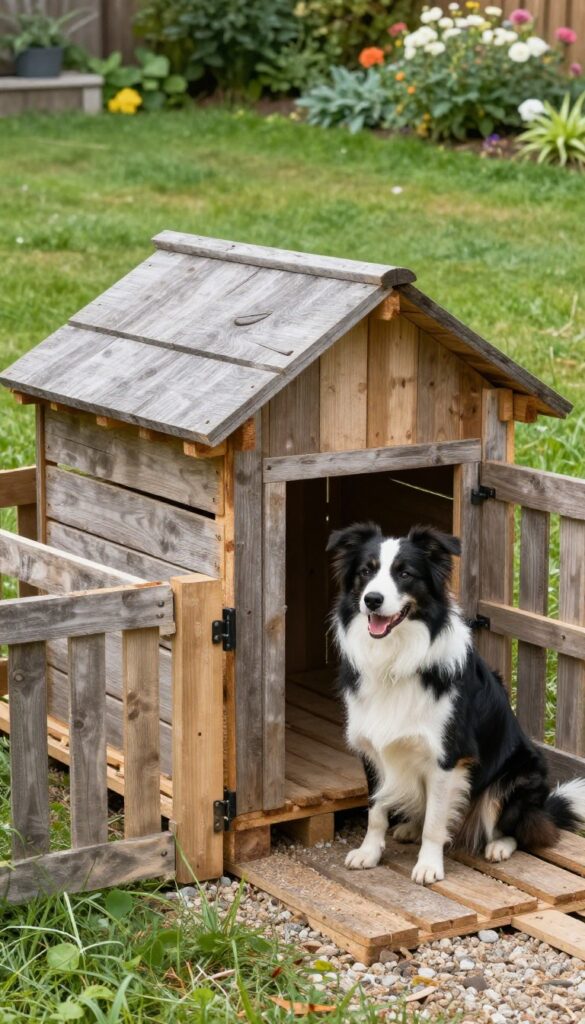 Pallet dog house with attached run in sunny backyard
