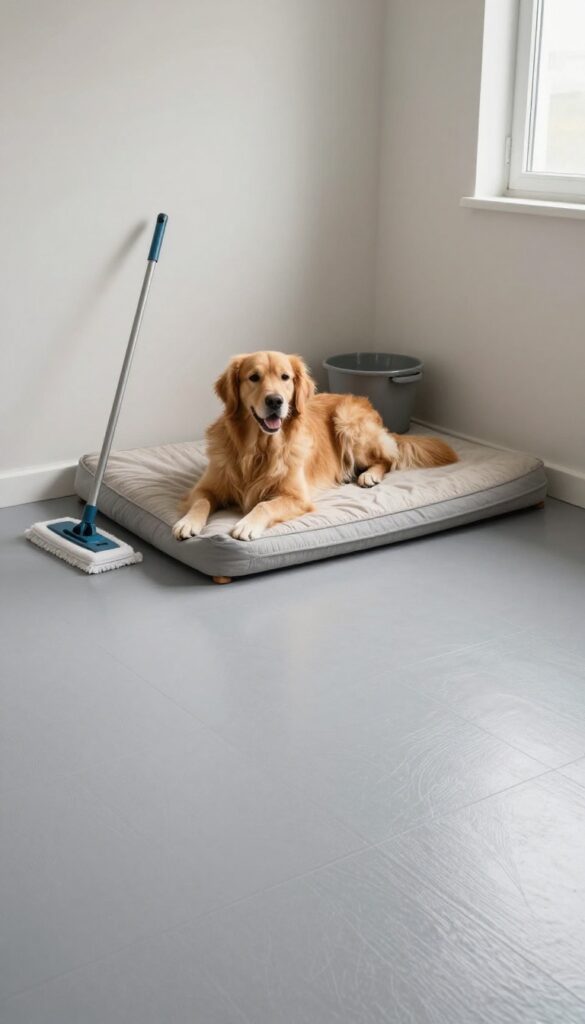 Bright indoor dog kennel with seamless vinyl sheet flooring, a golden retriever on a bed, and cleaning tools nearby