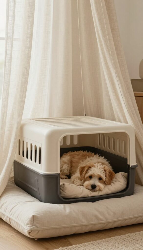Dog crate with a small curtain creating a cozy nook, featuring a relaxed dog inside