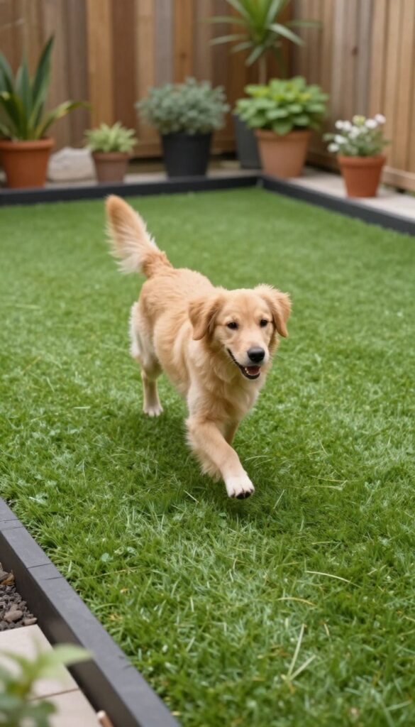 Small backyard dog run with artificial turf, bordered by timbers, and a dog running on it in bright sunlight.