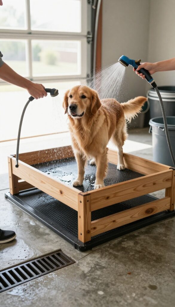 Raised dog wash platform in garage with Golden Retriever standing on non-slip mat, handheld shower, and drainage hose to bucket.