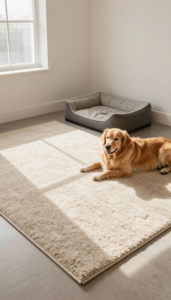 Washable rug in a dog kennel room with a calm Golden Retriever resting on it