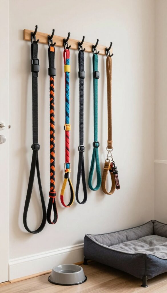 Wall-mounted hooks holding dog leashes and collars in a clean kennel room