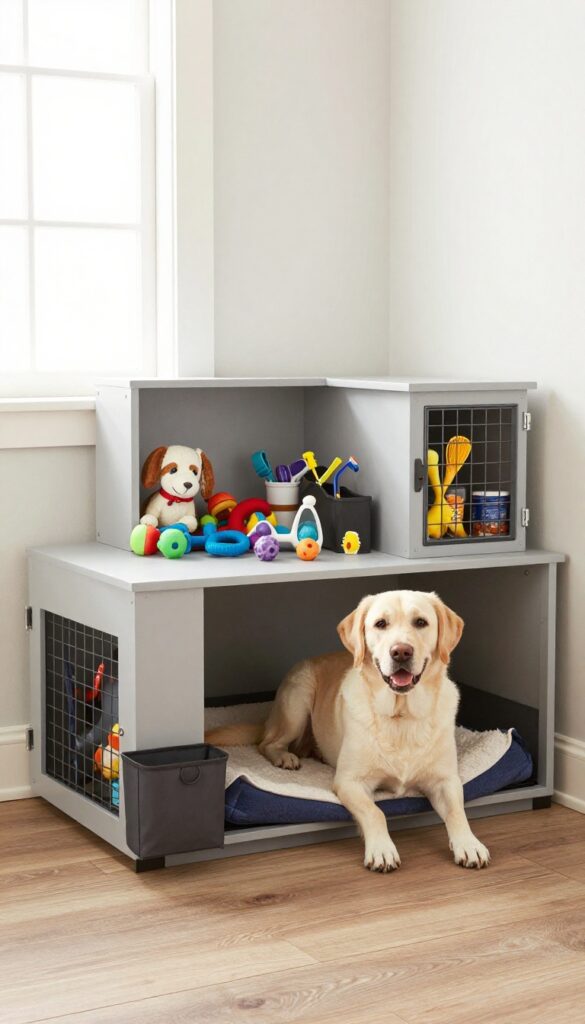 Staircase landing dog kennel with built-in cubby storage system, featuring a Labrador retriever resting inside, organized toys and bins, bright natural light