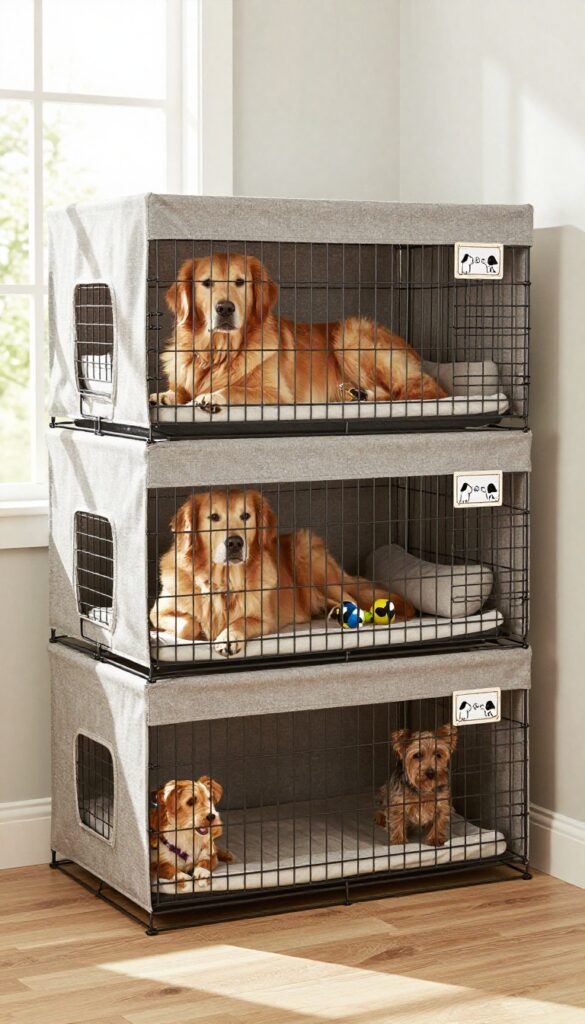 Two stacked wire dog crates with fabric toppers, each containing a different dog, in a bright mudroom setting.