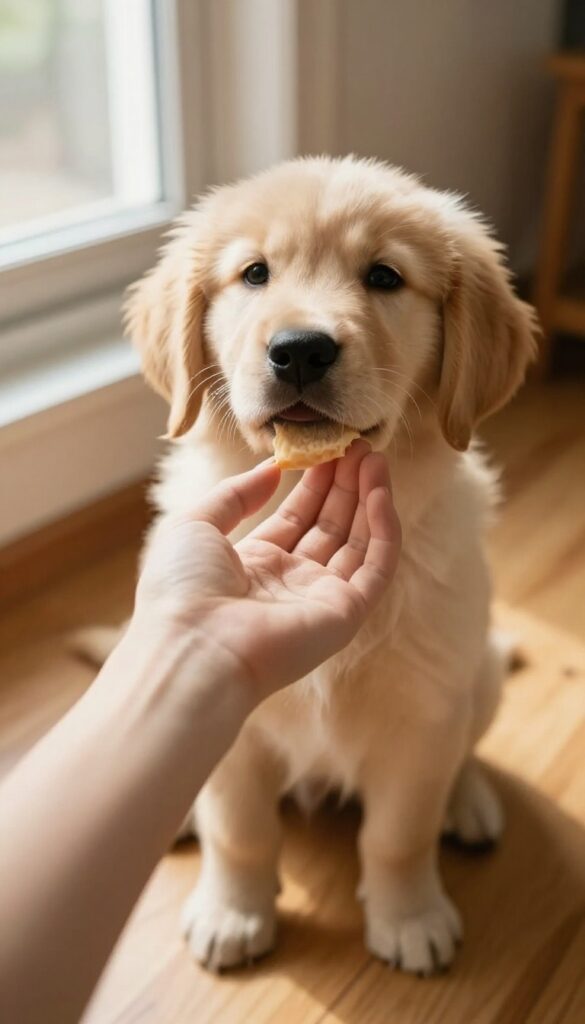 Puppy sitting on floor looking at treat in hand during positive reinforcement training session