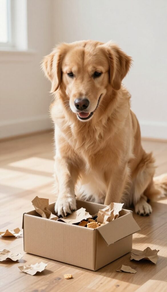 Dog pawing at a cardboard box filled with crumpled paper and treats