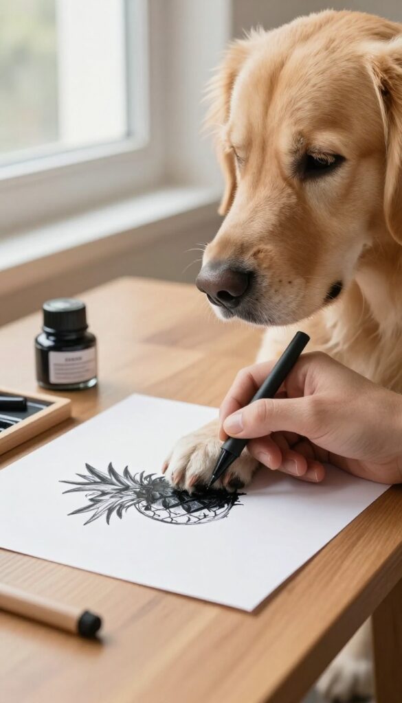 Person pressing dog's paw on ink pad to create paw print art on paper
