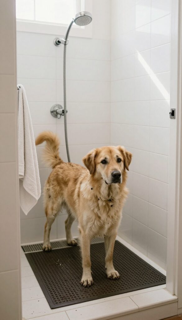 Dog standing in a mudroom wash station with a handheld sprayer and towel hook, bright natural light, clean tile floor