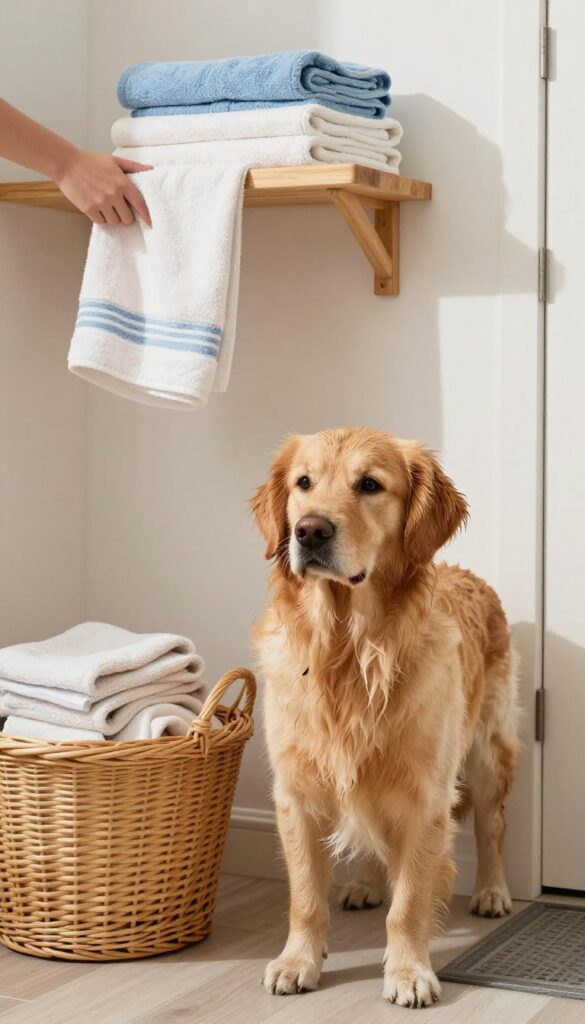 A dog laundry room with a towel station by the door, featuring a wall-mounted shelf with rolled towels and a basket below, a golden retriever waiting to be dried.
