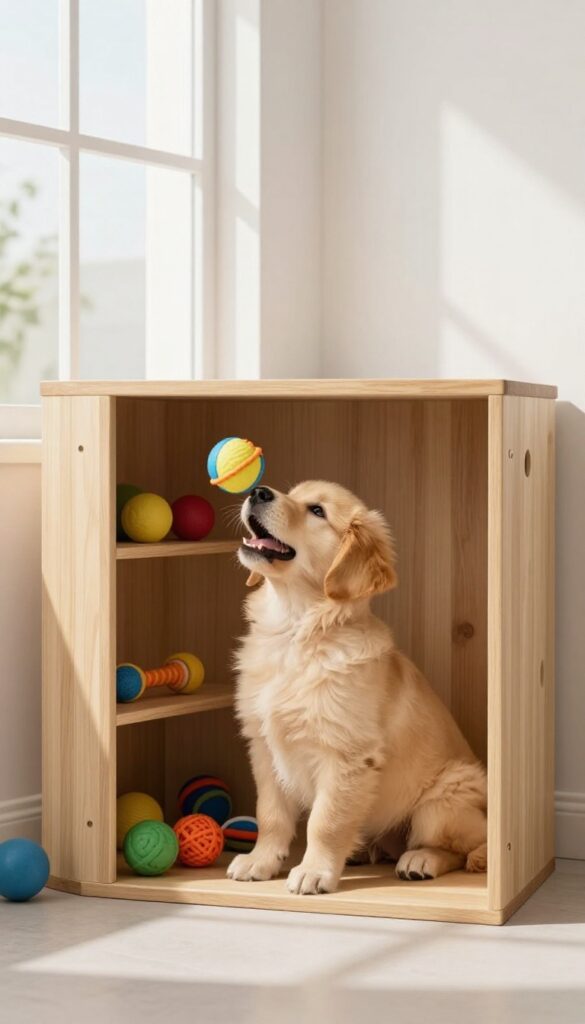 Dog in kennel with built-in toy shelf, bright natural light, photorealistic