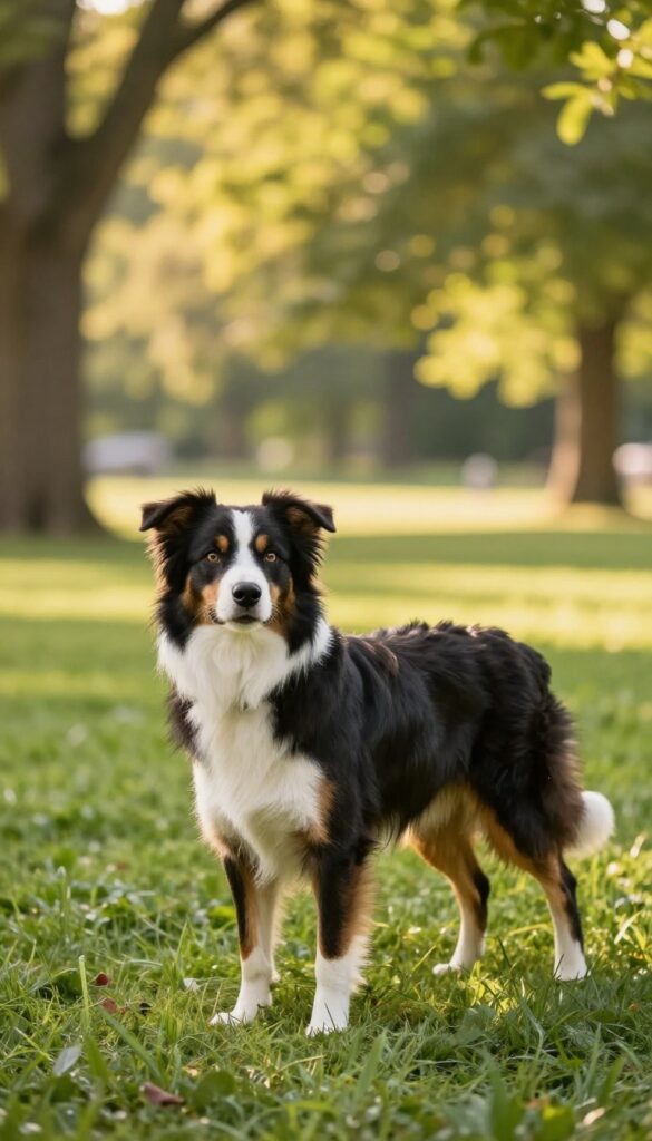A dark-coated dog looking back over its shoulder in a sunlit park, alert and responsive.