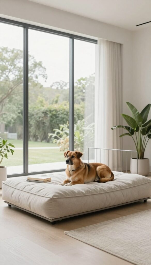 Dog crate converted into a window seat with a cushion, dog resting on top looking outside, modern living room interior.
