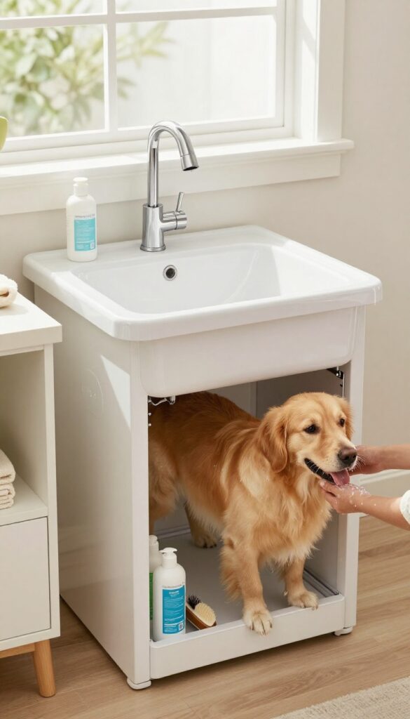 Dog in pull-out grooming station sink with handheld sprayer in bright laundry room