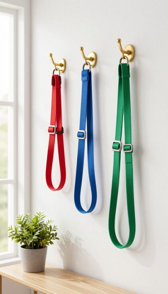 Three decorative brass hooks on a white wall holding red, blue, and green leashes and collars, with a potted plant on a console table below, bright natural light