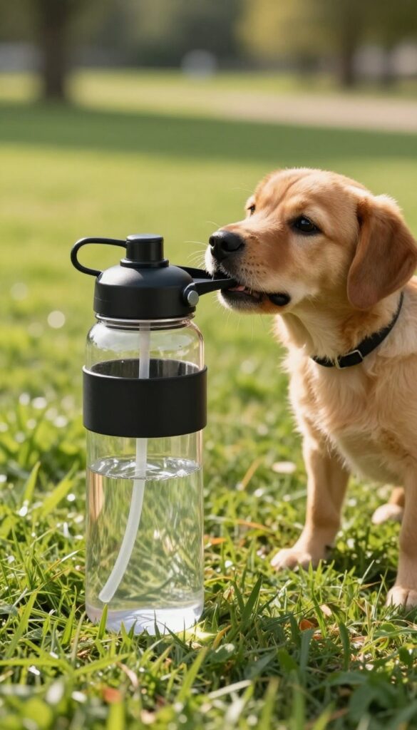 A portable water bottle with built-in bowl being used by a dog during an outdoor training session